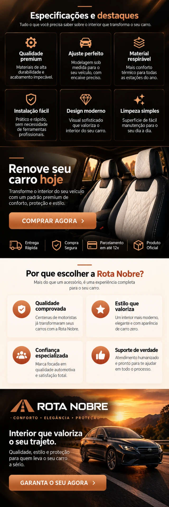 Rota Nobre: especificações, compra segura e garantia das capas de banco